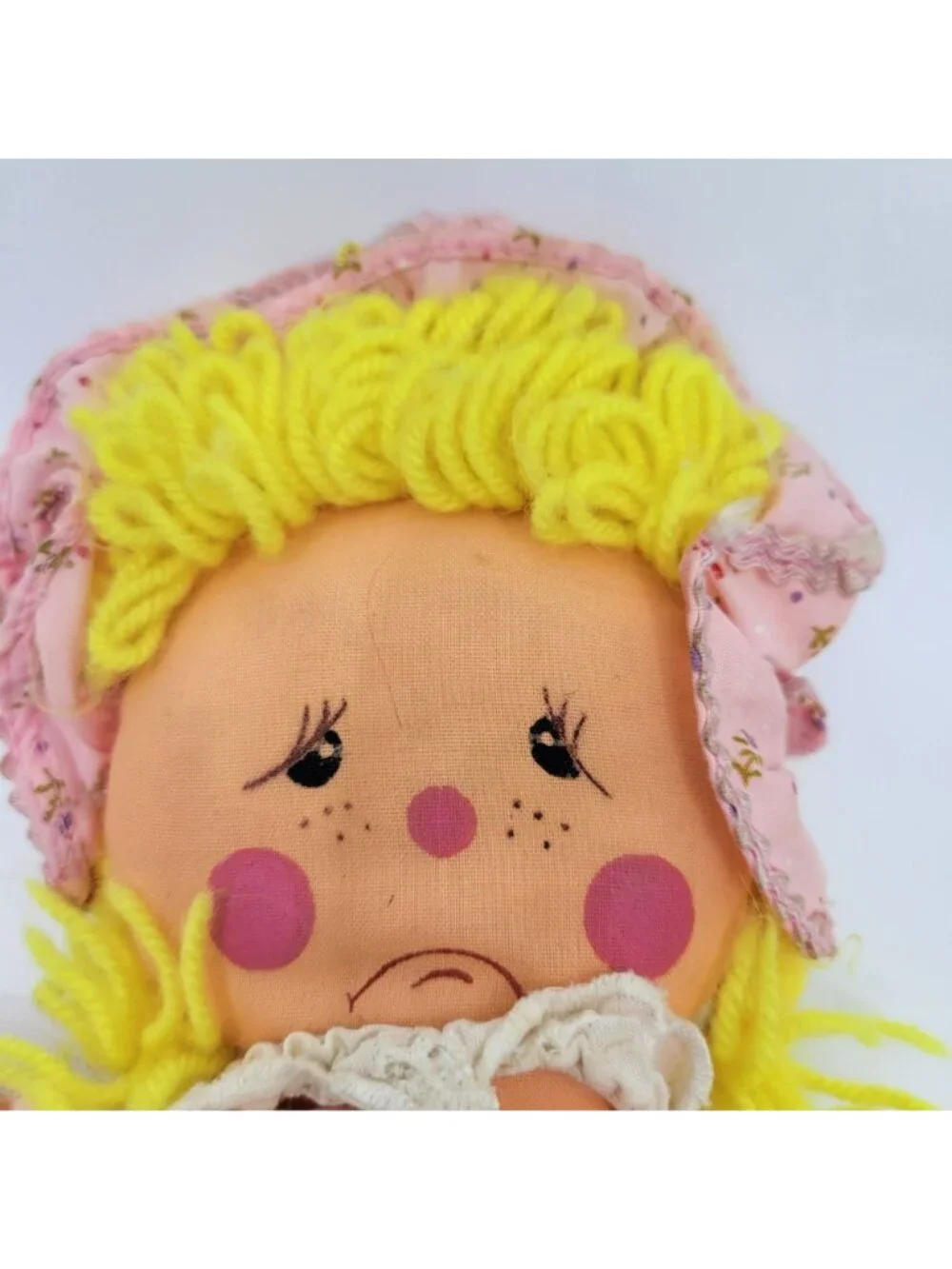 Dan Dee Happy Sad Cloth Rag Doll Vintage 1982 Pink Floral Dress & Bonnet Yarn Ha